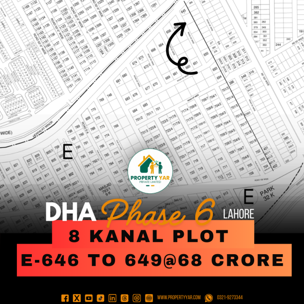 8 Kanal Plot (E-646+647+648+649) Demand 68 Crore On 50 Feet Wide Road Near To Park And Mosque Available For Sale In DHA Lahore Phase 6 Block E-1