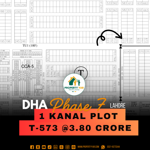 Corner 1 Kanal Plot (T- 573) Demand 3.80 Crore on 70 Feet Wide Road Near To Park Available For Sale In DHA Lahore Phase 7 Block T-1