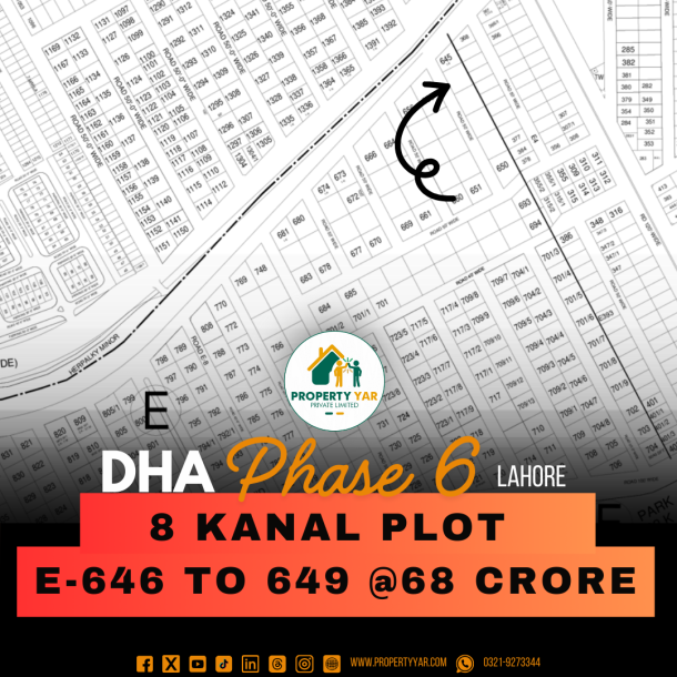 8 Kanal Plot (E-646+647+648+649) Demand 68 Crore On 50 Feet Wide Road Near To Park And Mosque Available For Sale In DHA Lahore Phase 6 Block E-1