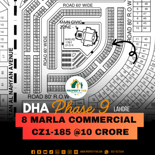 Affordable 8 Marla Plot (CZ1-185) Demand 10 Crore On 30 Feet Wide Road And Parking Available For Sale In DHA Lahore Phase 9 Prism Commercial Zone 1-1