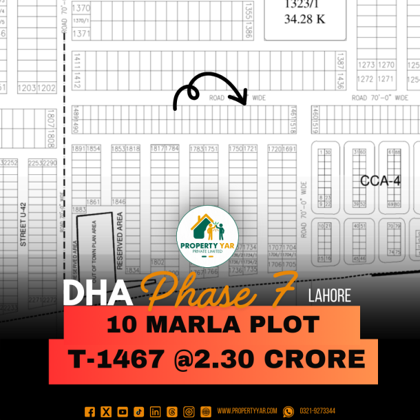 (T-1467) 10 Marla Residential Plot On 70 Feet Wide Road Near To Park And Mosque Available For Sale In DHA Lahore Phase 7 Block T-1