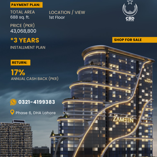 Commercial Shop Investment in Zameen Vault Lahore DHA-1